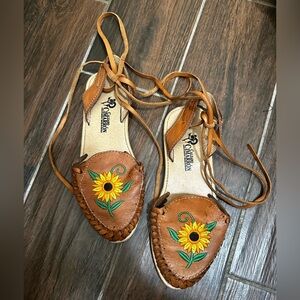 Leather Sunflower Embroidered Sandals